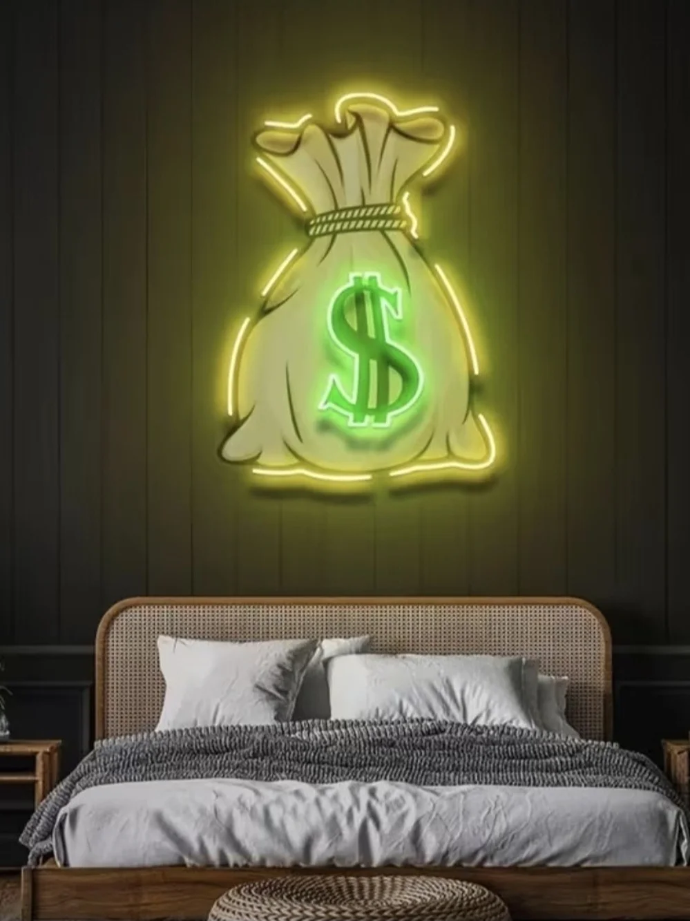 Money Bag Dollar Sign Neon Wall Light Lamp, Yellow Green Black